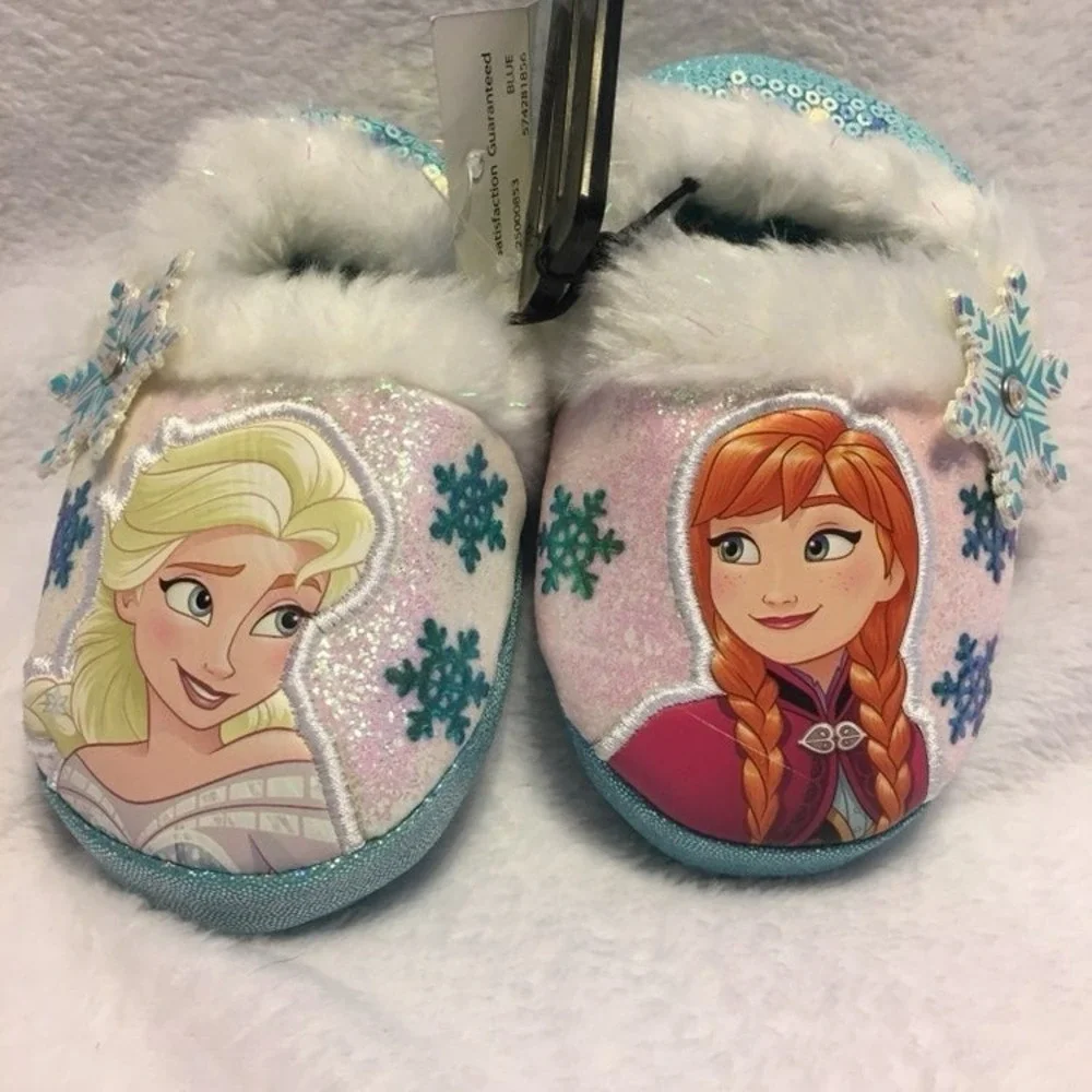 Disney Frozen Slippers Kids Size 11/12 Blue Pink NEW Anna Elsa Sequin Faux‎ Fur